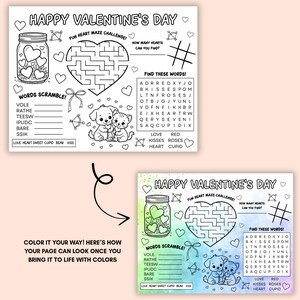 Peut inclure: Feuilles d'activit&eacute;s de la Saint-Valentin en noir et blanc avec le texte "Happy Valentine's Day". Comprend un labyrinthe en forme de c&oelig;ur, un jeu de mots et un bocal de c&oelig;urs. Comporte une illustration de chiot et de chaton.