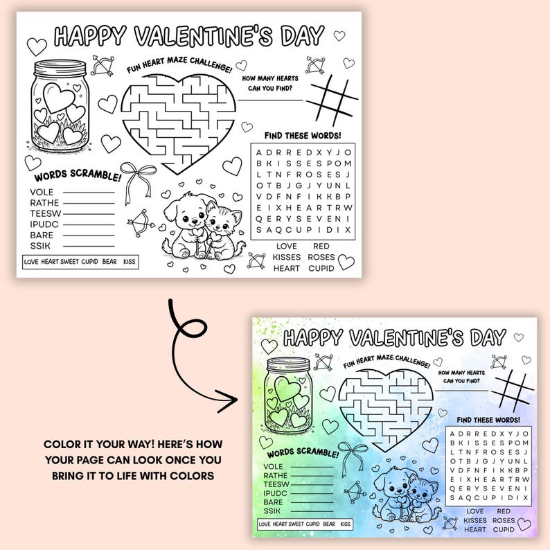 Peut inclure: Feuilles d'activit&eacute;s de la Saint-Valentin en noir et blanc avec le texte "Happy Valentine's Day". Comprend un labyrinthe en forme de c&oelig;ur, un jeu de mots et un bocal de c&oelig;urs. Comporte une illustration de chiot et de chaton.