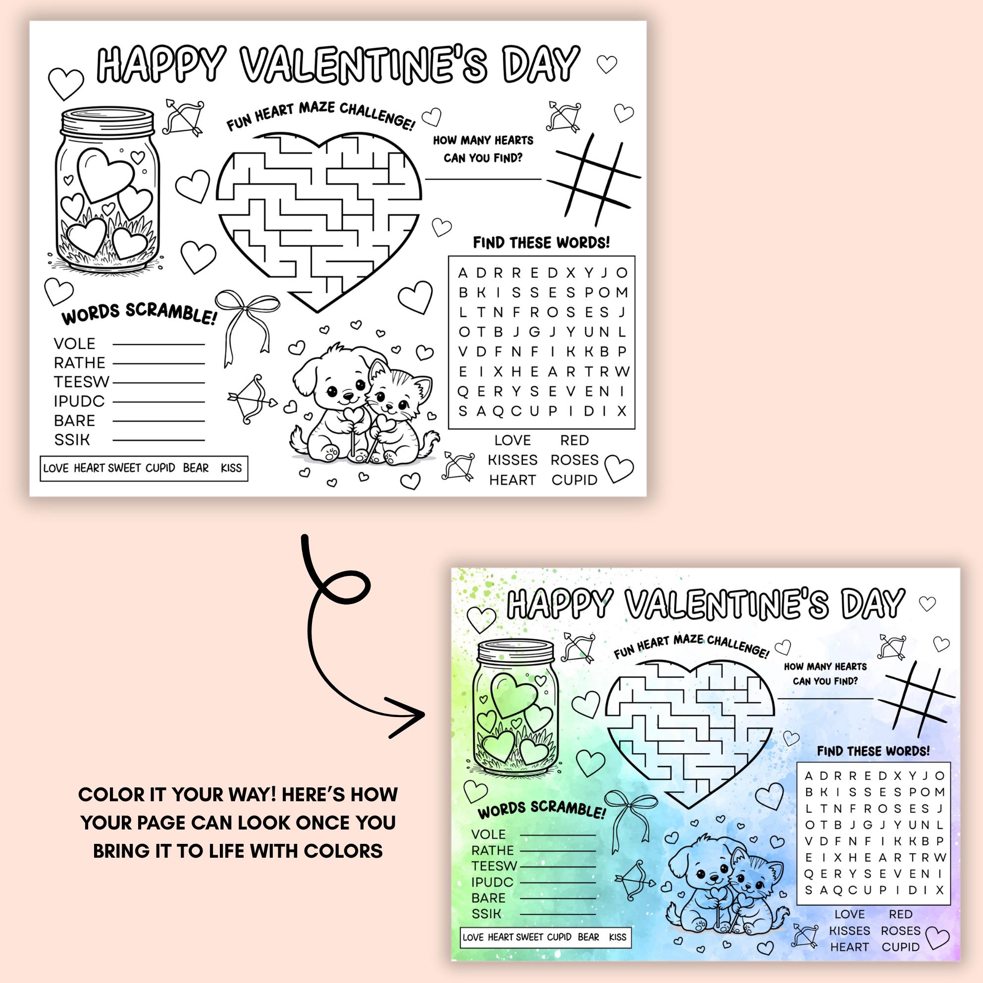05 Valentine's Day Kids Activity Sheet, Valentines Coloring Page, Kids ...