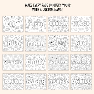 May include: A collection of personalized coloring pages featuring various names like Ella, Abigail, Evelyn, and Grace. Each page has a unique background pattern with playful illustrations. The text "MAKE EVERY PAGE UNIQUELY YOURS WITH A CUSTOM NAME!" is at the top.