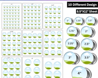 May include: A Canva pin button badge template on an 8.5"x11" sheet featuring 10 different designs. The layout includes circular frames ranging from 1 inch to 3.5 inches, with corresponding button examples labeled from 1 inch to 4 inches in diameter.