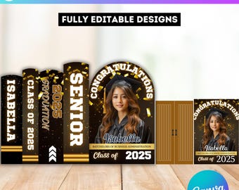 Black & Gloden Graduation Book Decor Canva Editable Template, Graduation Panel Board, Yellow Grad Backdrop Arch Foam, Floor Wrap Decor Set