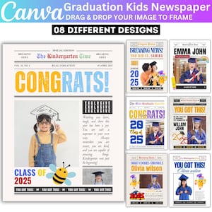 May include: A newspaper-style design for graduation announcements. The design features the text "CONGRATS!" in large yellow letters, with images of children in graduation attire. The design includes the text "CLASS OF 2025".