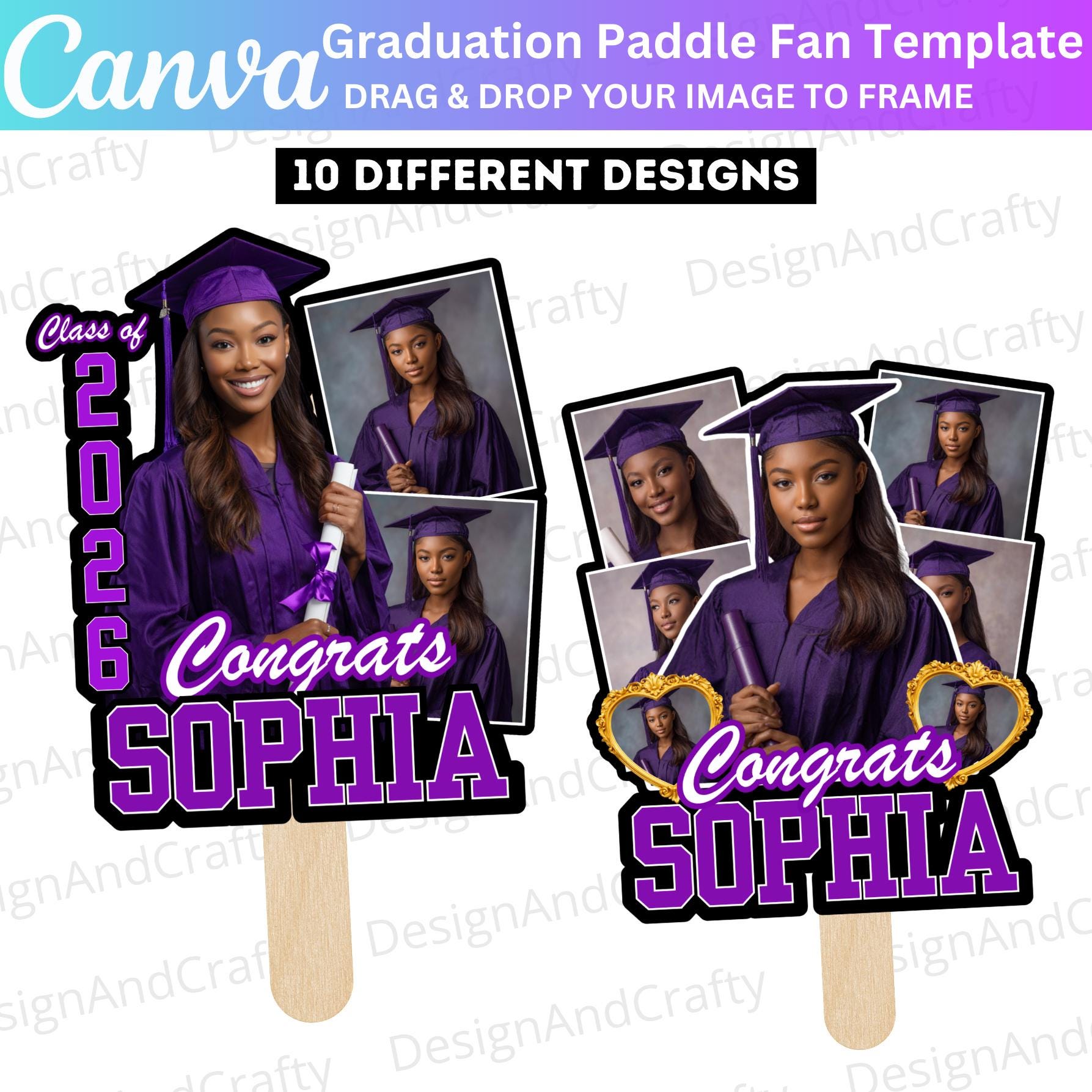 10 Purple Grad Fan Canva Editable Template, Custom Graduation Paddle ...