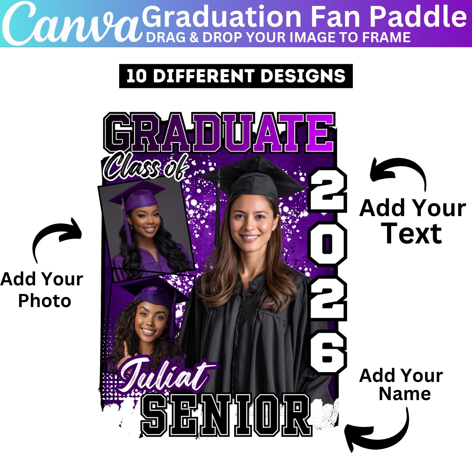 10 Purple Grad Fan Canva Editable Template, Custom Graduation Paddle ...