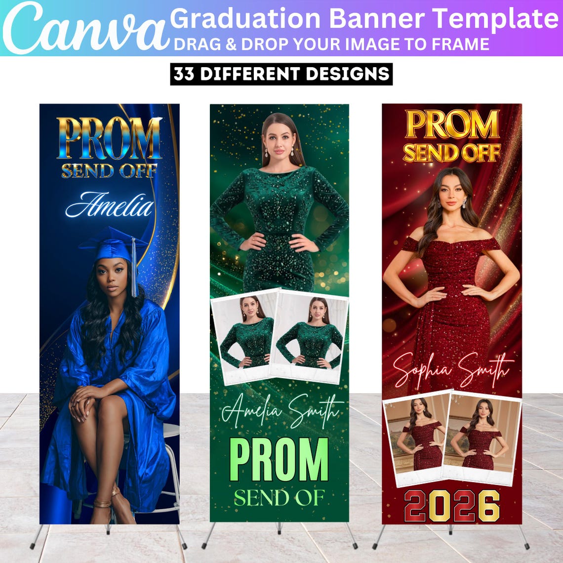 Send Off Program Banner 12X Prom Send off Banner Template Canva Editable, Blue, Red & Green ...