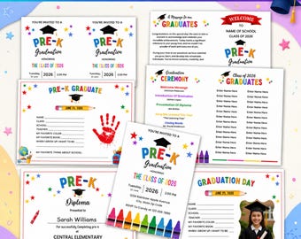 Paquete de graduación preescolar 2026, invitación de graduación editable en Canva, diploma, invitación, huella de mano, plantilla de programa imprimible para graduación preescolar