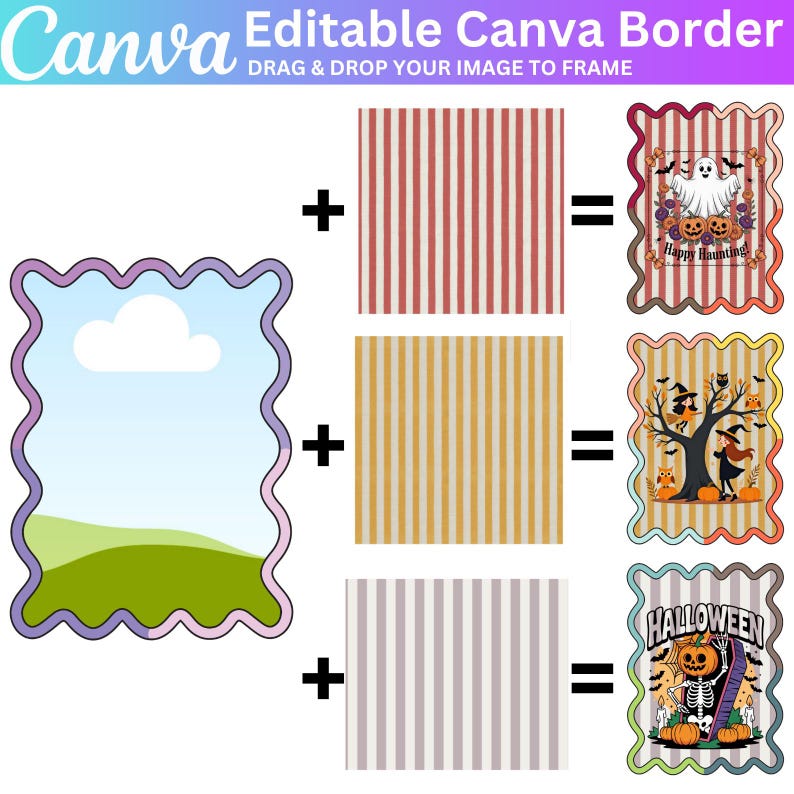 Puede incluir: Imagen que muestra un borde de Canva editable con el texto "Editable Canva Border" y "DRAG & DROP YOUR IMAGE TO FRAME". La imagen muestra c&oacute;mo agregar un fondo, con ejemplos de Halloween.