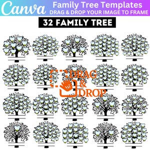 May include: A set of 32 family tree templates featuring black silhouettes of trees with heart-shaped leaves. Each tree has a space for a photo in each leaf. The text "DRAG & DROP YOUR IMAGE TO FRAME" and "32 FAMILY TREE" are at the top of the image.
