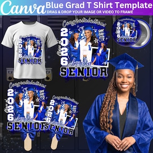 May include: A white t-shirt, graduation fan, button, and a graduate in a blue gown. The shirt and fan feature a photo of a graduate with the text "Congratulations Class of 2026 Amelia Senior". The button also has the same design.