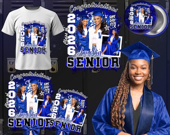 May include: A white t-shirt, graduation fan, button, and a graduate in a blue gown. The shirt and fan feature a photo of a graduate with the text "Congratulations Class of 2026 Amelia Senior". The button also has the same design.