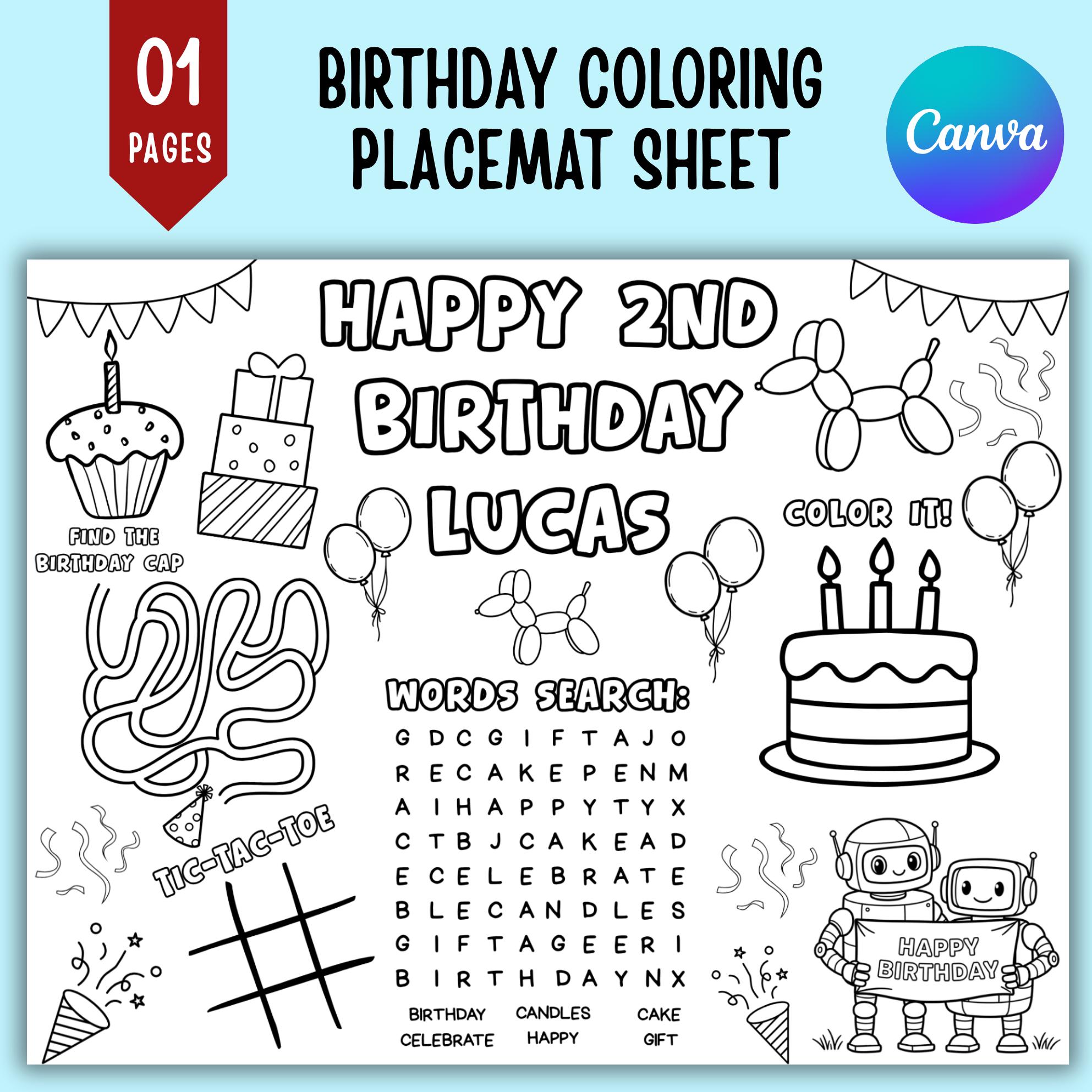 Birthday Coloring Placemat for Kids, Personalized Kids Activity ...