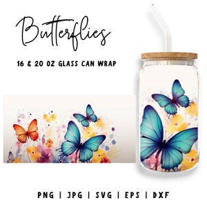 Butterflies Flowers Libbey Glass PNG, 16oz & 20oz Libbey Can Wrap, Coffee Glass Can png, 16oz Full Wrap, Can Glass Wrap, Digital Download