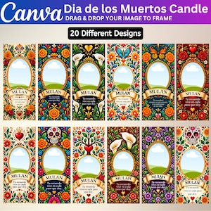 May include: A digital collection of 20 rectangular candle label designs featuring vibrant floral patterns, butterflies, skulls, and hearts. Each label includes a central oval frame, a banner with the name Mulan, and the text Tu recuerdo vive en cada paso que doy.