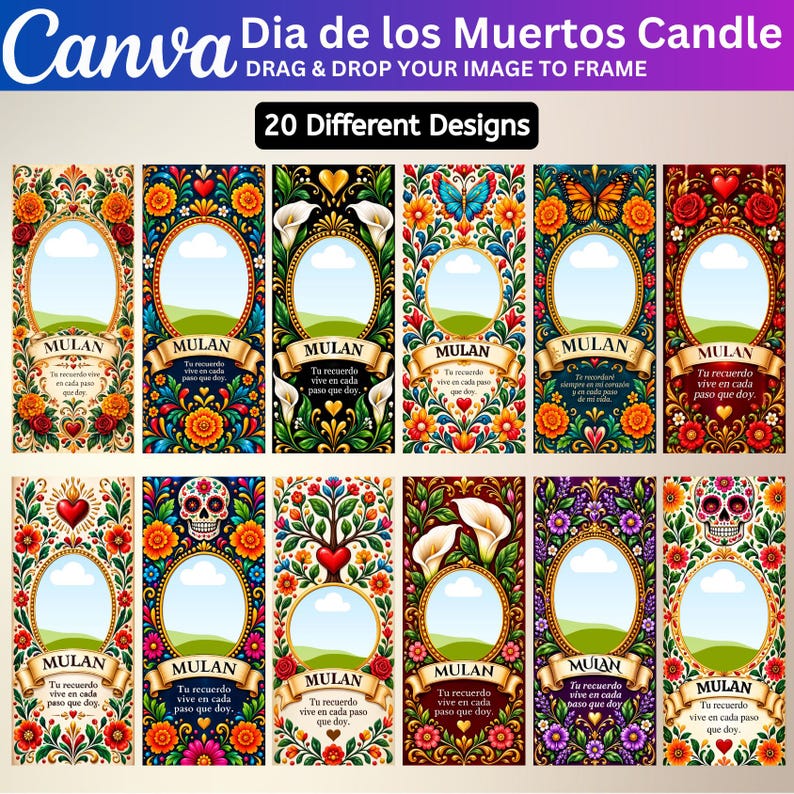 May include: A digital collection of 20 rectangular candle label designs featuring vibrant floral patterns, butterflies, skulls, and hearts. Each label includes a central oval frame, a banner with the name Mulan, and the text Tu recuerdo vive en cada paso que doy.