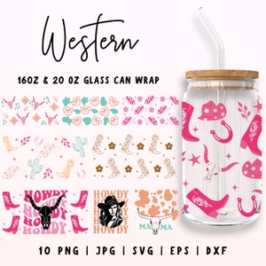 Verre occidental peut Bundle SVG, 16 oz & 20 oz papier peint Libbey, Cowboy Cowgirl peut svg, emballage de chapeau de bottes de cowboy, fichiers numériques en verre Libbey crâne de vache