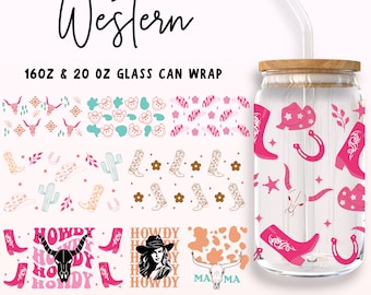 Pacote de arquivos SVG para latas de vidro com tema do Oeste americano, incluindo rótulos para Libbey de 473ml e 591ml, SVG de cowboy/cowgirl, rótulos para chapéus e botas de cowboy, e arquivos digitais para Libbey com caveira de vaca.