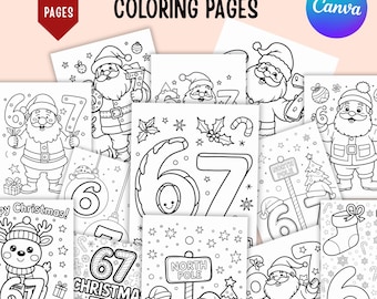 Pode incluir: Um conjunto de 25 páginas para colorir de Natal com ilustrações do Papai Noel, renas e elementos festivos. As páginas incluem os números 6 e 7, e o texto "Christmas Coloring Pages". O logotipo da Canva é visível.