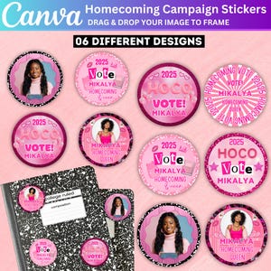 Puede incluir: Una colección de pegatinas rosas y blancas para la campaña de Homecoming. Las pegatinas presentan el texto "¡Vote!" y "Reina del Homecoming", junto con el nombre "Mikayla" y el año "2025". Algunas pegatinas incluyen una foto de una joven.