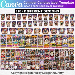 Puede incluir: Imagen promocional de plantillas de etiquetas para velas cilíndricas. La imagen presenta una variedad de diseños, incluyendo temas del Día de Muertos, retratos y arreglos florales. El texto incluye "Cylinder Candles label Template" y "110+ DIFFERENT DESIGNS". El logotipo de Canva es visible.