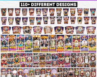 May include: A promotional image for cylinder candle label templates. The image features a variety of designs, including Day of the Dead themes, portraits, and floral arrangements. Text includes "Cylinder Candles label Template" and "110+ DIFFERENT DESIGNS". The Canva logo is visible.