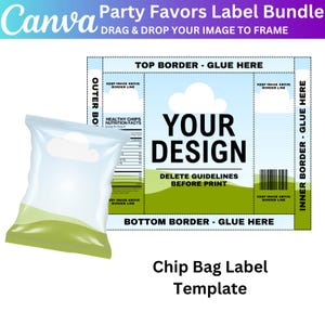 Op de afbeelding: Een sjabloon voor een chipzaklabel met een doorzichtige plastic zak aan de linkerkant en een labelontwerp aan de rechterkant. Het label bevat de tekst "YOUR DESIGN" en "DELETE GUIDELINES BEFORE PRINT". De sjabloon is voor feestartikelen.