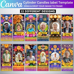 Peut inclure: Modèle d'étiquette pour bougies cylindriques avec 12 designs différents. Chaque design présente un portrait d'une personne âgée, entouré de motifs floraux et de crânes. Les étiquettes incluent du texte en espagnol.