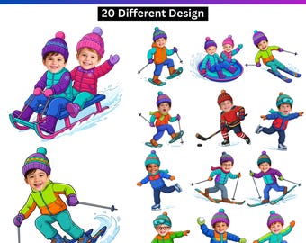 20 Winter Sledding Kids Add Face Bundle, Winter Photo Crafts, Sledding Kids Canva Template, Classroom Decor, Kids Activity