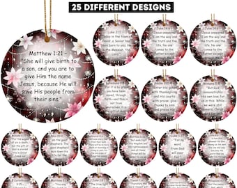 May include: Circular Christmas ornaments featuring Bible verses. Each ornament has a different verse, set against a floral and glittery background. The text "25 DIFFERENT DESIGNS" is at the top.