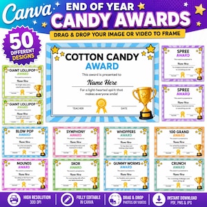 Può includere: Un modello Canva digitale per i Candy Awards di fine anno. Il design presenta certificati colorati con vari nomi di premi come "Cotton Candy Award" e "Giant Lollipop Award", ciascuno con un'icona di trofeo d'oro. L'immagine include il testo: "50 Different Designs".