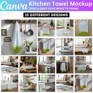 May include: A collection of kitchen towel mockups. The towels feature various designs, including a landscape with a blue sky, white clouds, and green hills. The towels are displayed in different kitchen settings. The text "Kitchen Towel Mockup" and "15 DIFFERENT DESIGNS" is visible.