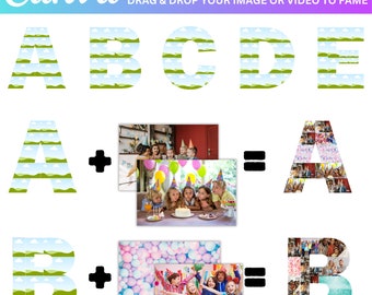 Modello di collage di foto Canva con lettere e numeri, pacchetto di cornici Canva, file modificabile per collage di foto commemorative di compleanni e anniversari dalla A alla Z