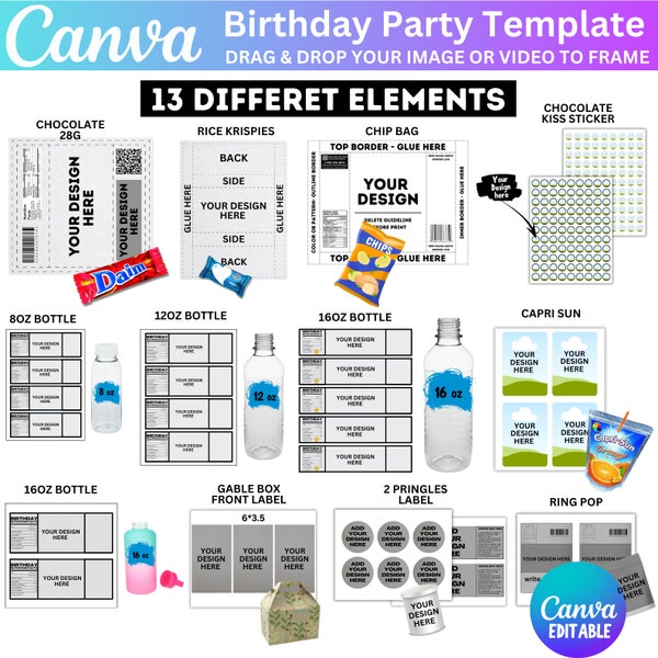 Birthday Party Favor Templates, Template Bundle, Chip Bag Template, Party Favor Bundle, Chocolate Bar Wrapper, Capri Sun Labels, Ring Pop