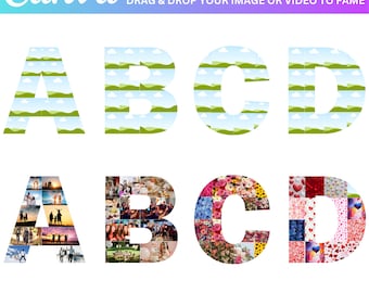 Modello di lettere e numeri per collage di foto Canva, pacchetto di cornici Canva, compleanno dalla A alla Z, file modificabile per collage di foto commemorative, storyboard dell'alfabeto