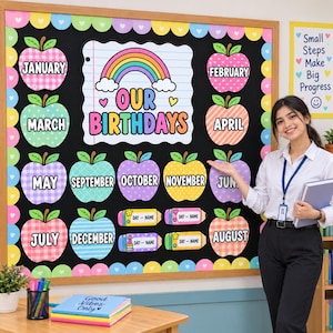 May include: A classroom bulletin board display titled Our Birthdays featuring a rainbow graphic and twelve apple-shaped cutouts labeled with months of the year. The board includes four pencil-shaped name tags and a scalloped border with hearts.