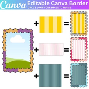 Puede incluir: Imagen que muestra un dise&ntilde;o de borde de Canva editable. El dise&ntilde;o incluye un marco con un borde morado y beige, y ejemplos de c&oacute;mo agregar im&aacute;genes al marco. El texto "Editable Canva Border" y "DRAG & DROP YOUR IMAGE TO FRAME" son visibles.