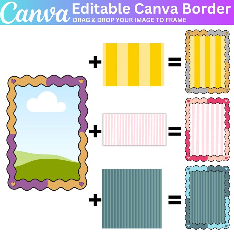 Puede incluir: Imagen que muestra un dise&ntilde;o de borde de Canva editable. El dise&ntilde;o incluye un marco con un borde morado y beige, y ejemplos de c&oacute;mo agregar im&aacute;genes al marco. El texto "Editable Canva Border" y "DRAG & DROP YOUR IMAGE TO FRAME" son visibles.