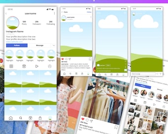 Modello di mock-up per profilo Instagram, mock-up di reel e post di Canva modificabili per social media Instagram, download istantaneo del planner per feed dei social media