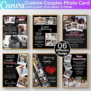 Puede incluir: Seis diseños de tarjetas fotográficas personalizadas para parejas con marcos dorados. Cada tarjeta presenta un fondo negro, fotos y texto como "Happy Anniversary" y "To My Love". Las tarjetas están diseñadas para ser personalizadas.