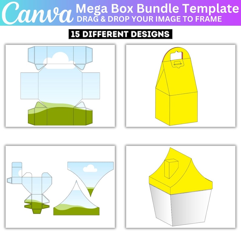 May include: A Canva Mega Box Bundle Template image with the text "DRAG & DROP YOUR IMAGE TO FRAME" and "15 DIFFERENT DESIGNS". The image shows four different box designs, including a yellow box with a handle and a box with a mountain and sky design.
