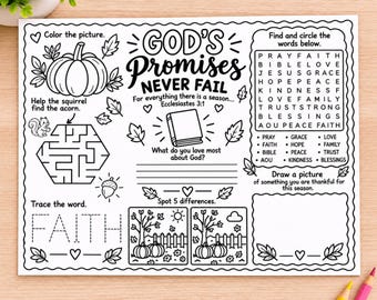 Fall Bible Activity Placemat, Christian Fall Printable, Sunday School Coloring Activity for Kids, Church, Bible Worksheet Activity Digtal