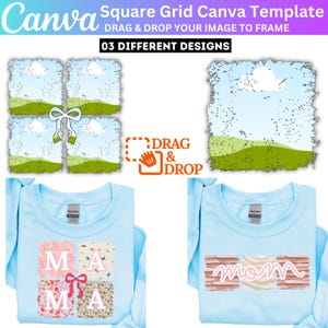 Op de afbeelding: Een Canva-sjabloongrafiek met de tekst "Square Grid Canva Template" en "03 DIFFERENT DESIGNS". De afbeelding bevat een "Drag & Drop"-afbeelding en twee lichtblauwe shirts met lange mouwen met de woorden "MAMA" en "mom" erop.