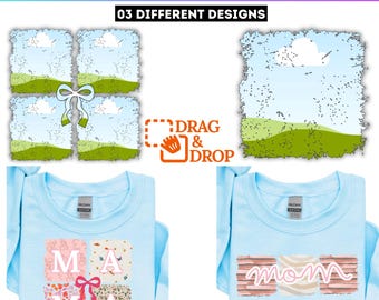 May include: A Canva template graphic with the text "Square Grid Canva Template" and "03 DIFFERENT DESIGNS". The image includes a "Drag & Drop" graphic and two light blue long-sleeve shirts with the words "MAMA" and "mom" printed on them.