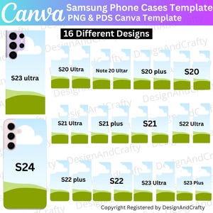May include: Digital template for Samsung phone cases, with 16 designs. Each design features a landscape with a blue sky, white clouds, and green hills. Compatible with various Samsung models, including S23 Ultra, S24, and S20.