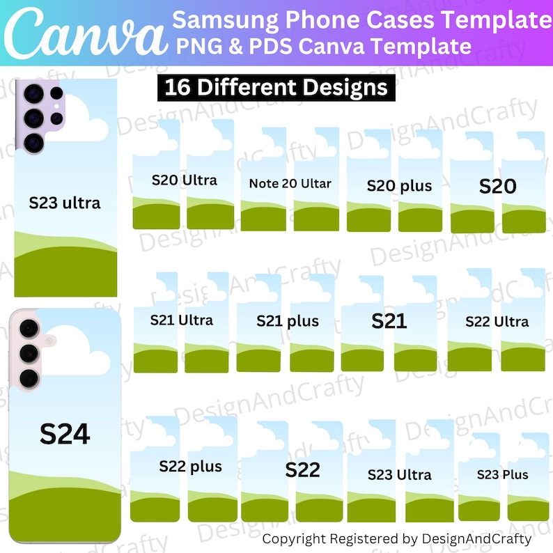Op de afbeelding: Digitale sjabloon voor Samsung telefoonhoesjes, met 16 verschillende ontwerpen. Elk ontwerp toont een landschap met een blauwe lucht, witte wolken en groene heuvels. Compatibel met verschillende Samsung-modellen, waaronder S23 Ultra, S24 en S20.