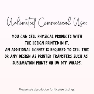 K&ouml;nnte beinhalten: Text auf wei&szlig;em Hintergrund, der lautet: "Uneingeschr&auml;nkter kommerzieller Gebrauch. Sie k&ouml;nnen physische Produkte mit dem aufgedruckten Design verkaufen. F&uuml;r den Verkauf dieses oder eines anderen Designs als gedruckte Transfers wie Sublimationsdrucke oder UV-DTF-Wraps ist eine zus&auml;tzliche Lizenz erforderlich. Bitte lesen Sie die Beschreibung f&uuml;r die Lizenzbestimmungen."