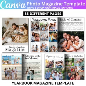 Puede incluir: Una plantilla de revista fotográfica de Canva con el texto "Arrastra y suelta tu imagen para enmarcar" y "85 páginas diferentes". La revista presenta fotos familiares, con las palabras "Family Yearbook Magazine" y "Yearbook Magazine Template".