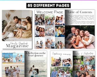 Plantilla editable de Canva para 85 revistas fotográficas, diseños de collages de fotos para anuarios familiares, revistas Canva personalizadas para álbumes familiares, diseños imprimibles.