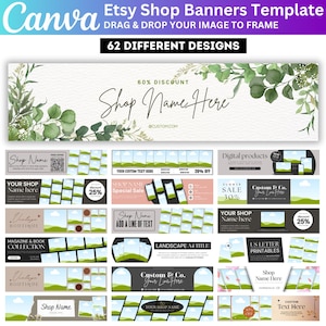 Könnte beinhalten: Eine Canva Etsy Shop-Banner-Vorlage mit 62 verschiedenen Designs. Die Banner enthalten florale Designs, Textfelder und Rabattetiketten. Das obere Banner lautet "Shop Name Here" mit 60% Rabatt. Die Vorlage ist für digitale Produkte.