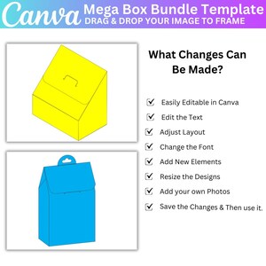May include: A graphic showing a yellow box with a handle and a blue box with a handle. Text reads "Mega Box Bundle Template" and "What Changes Can Be Made?" including options to edit text, adjust layout, and add photos.
